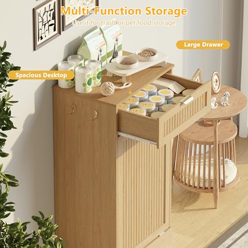 Image of Single 13 Gallon Tilt Out Trash Can Cabinet,Garbage Cabinet with Drawer | Hidden Garbage Storage with Fluted Design, Drawer & Hooks for Kitchen, Dining Room and Small Space Organization,Natural Oak