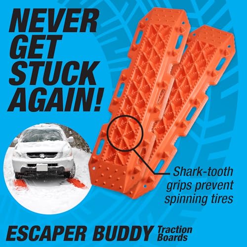 Image of Maxsa 20333 Heavy-Duty Escaper Buddy Traction Mats for Off-Road Mud, Sand, & Snow Vehicle Extraction and Recovery, Bendable, Unbreakable, Orange, 2 Pack