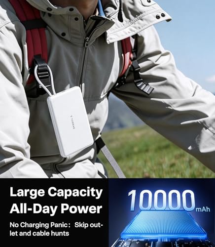 Image of TORRAS Power Bank with Built-in USB-C Cable (No-Wireless), Ultra-Slim 10,000mAh Portable Charger USB C, 22.5W Fast Charging Battery Pack for iPhone 17 /16 /15 Series, Phone air, Galaxy, Pixel, White