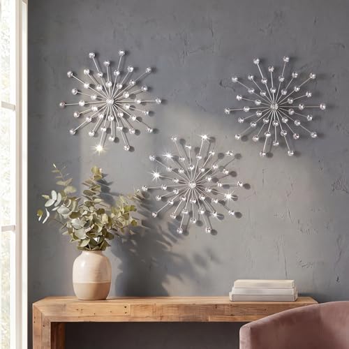 ZEXUIRU 3 Pack Silver Sunburst Wall Decor – Metal Crystal Wall Art with Sparkling Rhinestones, 14’’/18 Inch Starburst Wall Hanging Set for Living Room Bedroom Bathroom – Modern Bling Home Decorations