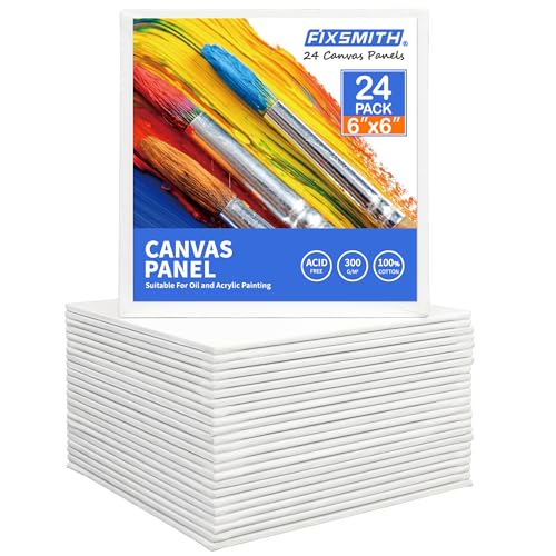 FIXSMITH Painting Canvas Panel Boards -Art Canvas 24 Pack Small Square Canvases Primed Canvas Panels 100% Cotton Acid Free Artist Canvas Board for Hobby Painters Students & Kids (White 6x6)