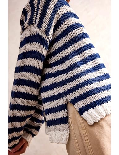 Women's Oversized Striped Sweater Casual V Neck Long Sleeve Color Block Pullover Fall Knit Loose Top3