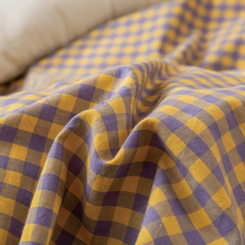 Image of LifeTB Gingham Comforter Set Full Modern Style Purple Yellow Grid Plaid Comforter Set Soft Fluffy Checkered Pattern Comforter with 2 Pillowcases Farmhouse Gingham Grid Bedding Comforter Breathable