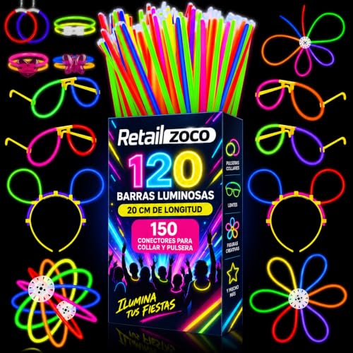 120 Pulseras Luminosas Fluorescentes, 8 Colores, 20 cm Longitud