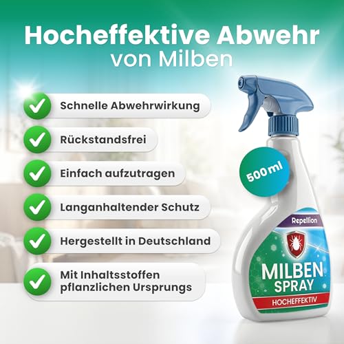 Repellion ® Anti Milben Spray (500 ml) für Haushalt & Textilien – Milbenspray zur Umgebungsanwendung – Milbenabwehr für Matratzen, Polster, Teppiche & Wohnräume