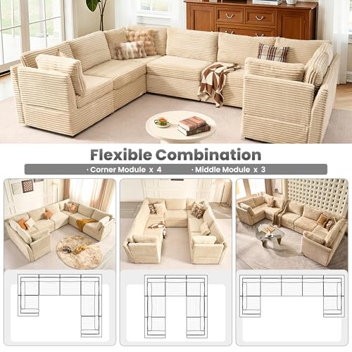 Image of ovios Modular Sectional Sofa Couch with U-Shape Chaise Oversized, Comfy Plush Corduroy Cloud Couches, Modern Luxury Deep Seat Sofas Set for Living Room, 7-Seater, Beige