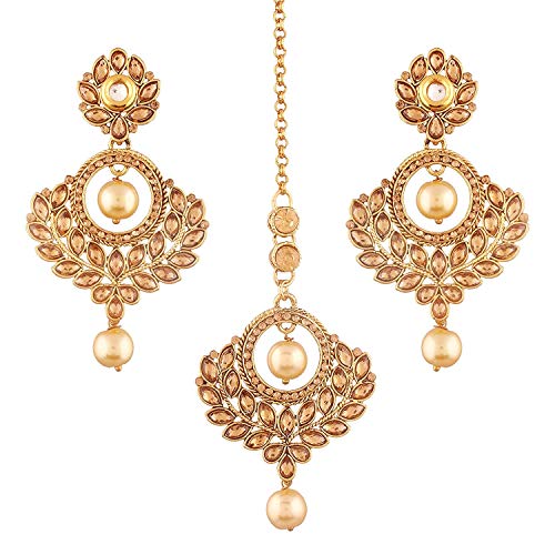 Aheli Indian Wedding Wear Faux Stone Studded Earring with Maang Tikka Set Bollywood Traditional Party Fashion Jewelry for Women Girls