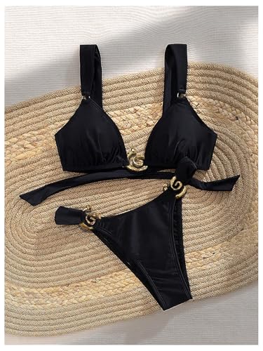 OYOANGLE Women's 2 Piece Triangle Bikini Set Ring Linked High Cut Bathing Suits Swimwear3