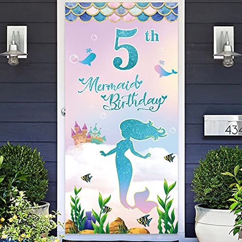 Mermaid Happy 5th Birthday Photo Banner Backdrop Background Castle Whale Scale Tropical Fish Backdrop Scales Sea-Maid Undersea Theme Decor for Birthday Party Baby Shower Flag Supplies Decorations Favors