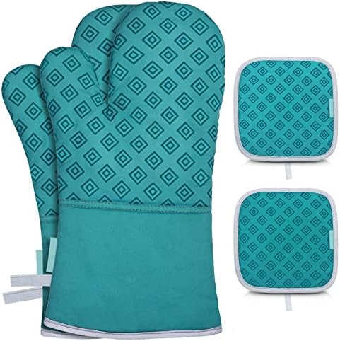 Oven Mitts and Pot Holders Kitchen: 500° Heat Resistant Oven Gloves Silicone Ovenmitts Hotpads Set - Quilted Long Kitchen Mittens Potholders Washable Mits Hot Pads Flexibility for Baking