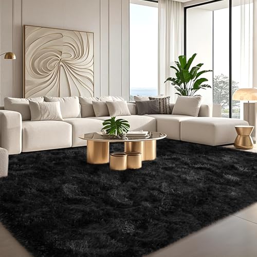 Black Rugs for Bedroom 9x12 ft Large - Ultra Soft Faux Fur Area Rug - Plush Non-Slip Shaggy Carpet for Living Room, Cozy Fluffy Rug for Kids Boys Girls Dorm Nursery Room, High Pile Floor Carpet