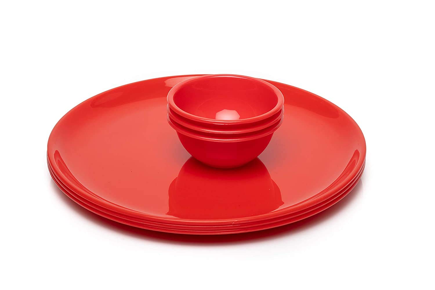 PRIZMA Acrylic Durable Multiuse Microwave Safe Unbreakable Round Dinner Set of 3 Big Plates 11 Inches and 3 Katori Set, Made in India (Red,Set of 6)