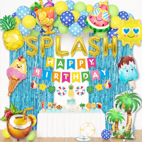 Ouddy Life Summer Pool Beach Party Decoration Splish Splash Birthday Bash Party Decorations Tropical Balloons Banner Cake Topper for Kids Swimming Water Luau Hawaii Party Supplies