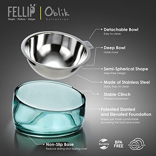 Image of Felli Pet Raised Dog Food Bowl Stainless Steel Slanted Oval Dish Titled for Short Legged Dachshund Bulldog Corgi, No Spill Mess Free, Elevated Acrylic Base Angled Metal Feeder ( 1.5Cups Oval, Classic)