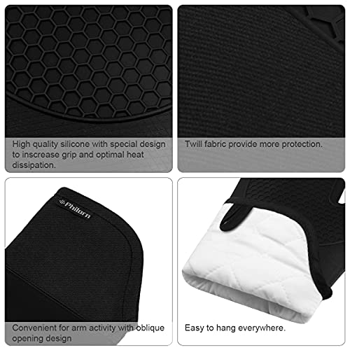 Philorn Silicone Glove Waterproof Heat Resistant Oven Mitts Non-slip with 2 Insulation Pads Long Cotton Cuffs BBQ Baking Smoking Potholders (Black) - Image 4