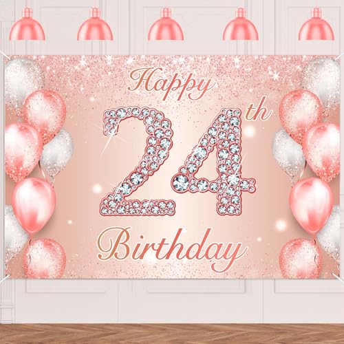 Image of Happy 24th Birthday Rose Gold Banner Cheers to 24 Years Old Backdrop Confetti Balloons Theme Decor for Women 24 Years Old Pink Birthday Party Decorations Bday Supplies Background Favors Gift Glitter