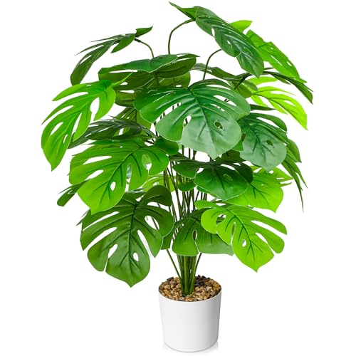 Plantas artificiales de 70 cm, árbol de Monstera falso con 24 hojas, plantas artificiales realistas en maceta para decoración del hogar y la oficina, gran vegetación flexible para interiores y