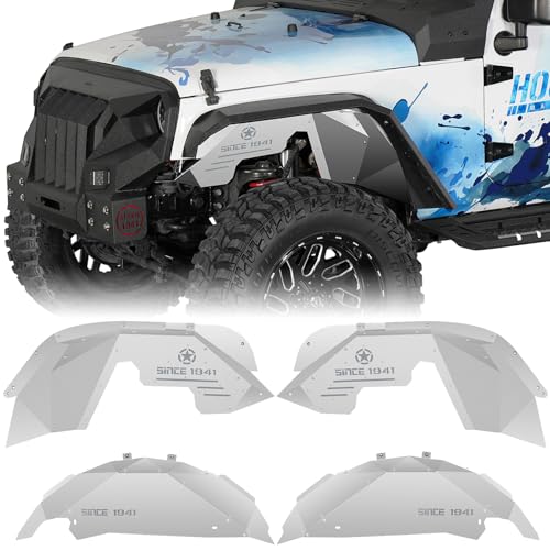 Hooke Road Aluminum JK Front & Rear Inner Fender Liners Set for 2007-2018 Jeep Wrangler JK JKU Unlimited Sport Sahara Rubicon 2/4 Doors 4 PCS Wheel Well Liner Mud Guard Cover - Silver White