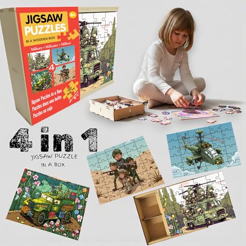Image of Wooden Defence Vehicle Jigsaw Puzzle Set for Kids (3+ Years) | 4-in-1 Action Theme Puzzles with Wooden Storage Box | Educational Learning & Screen-Free Toy