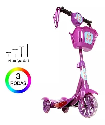 Patinete Scooter Infantil Roxo 3 Rodas com Cesta Luz e Som Altura Ajustavel