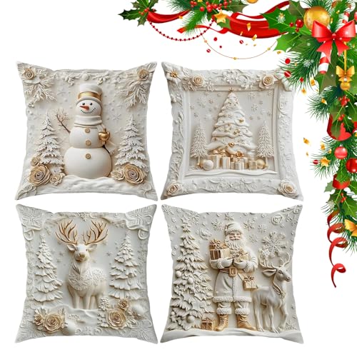 zhmndo Christmas Cushion Covers Set, 2025 Upgraded White Christmas Pillow Covers Set of 4, 3D Soft White Throw Pillow Covers(4PCS)