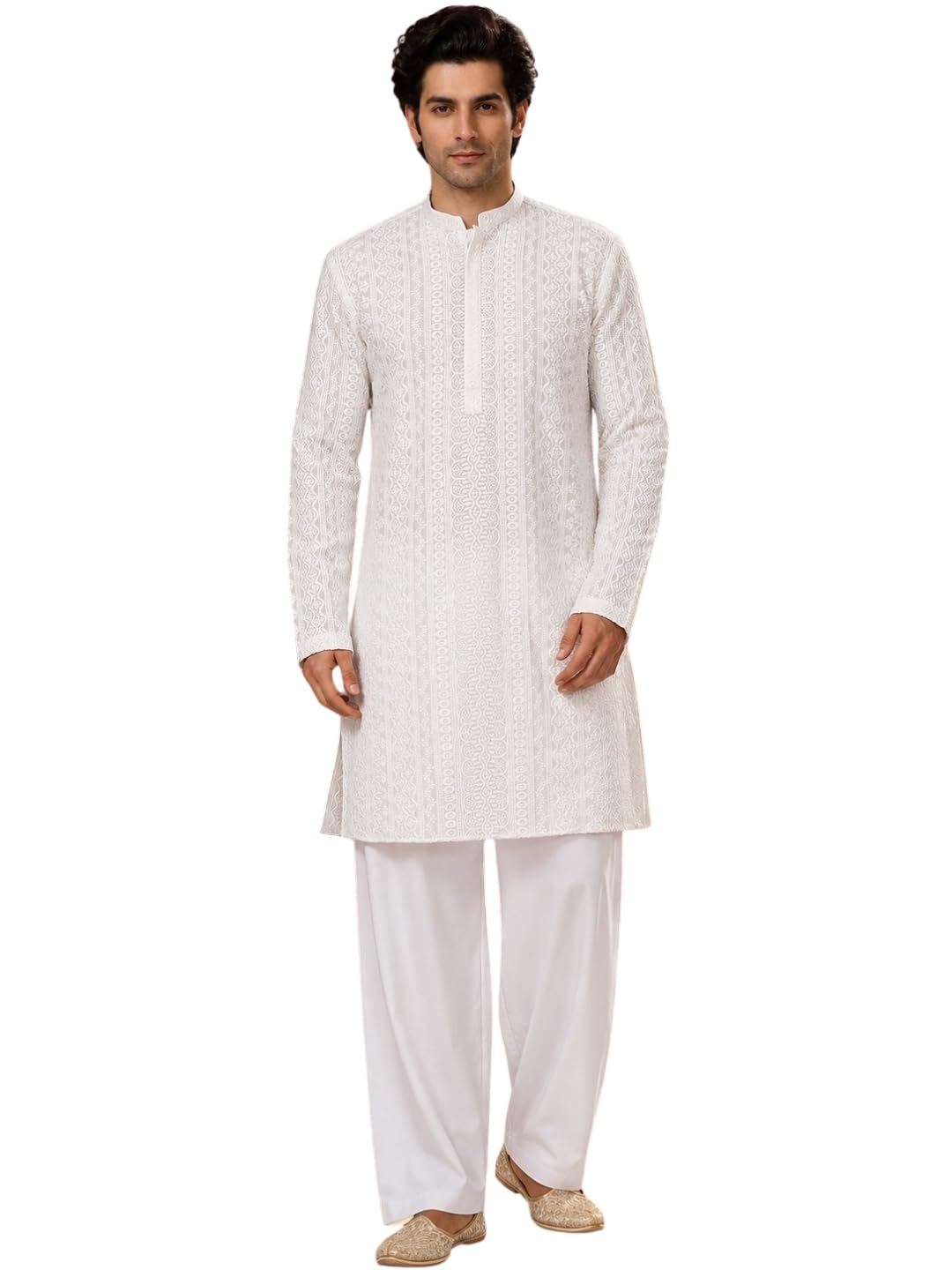 see designs Men's Full Sleeve Mandarin Collar Men Chikankari Embroidered Straight Kurta with Flare Pyjama-picture-34