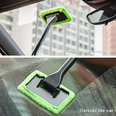 KVAEY Car Windshield Cleaning Tool, Microfiber Window Cleaner with 4 Washable Reusable Cloth Pad & Extendable Handle, Auto Glass Cleaning Kit with Spray Bottle for Glass Wiper