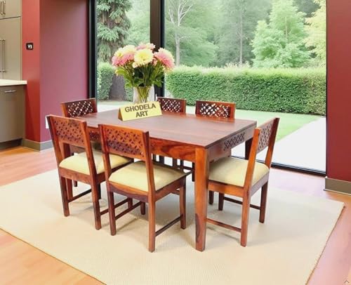 Image of Sheesham Wood Oval Dining Table with Cushion Chairs Set for Home Hall | Solid Wood Dinner Table with Chairs for Hotels | Dining Room Sets (Honey Teak Finish, 6 Seater)