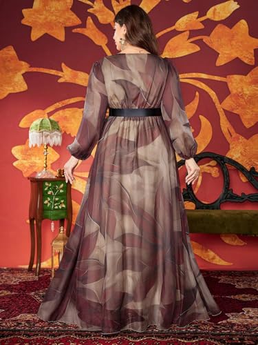 Image of Spring Summer 2024 Plus Size Womens Dresses V Neck Casual Elegant Long Sleeve Floral Print Maxi Dress