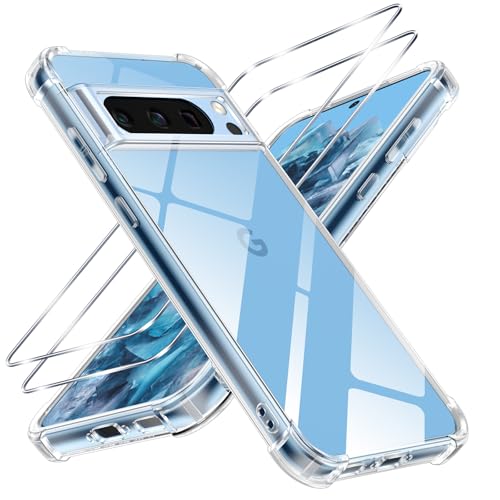 Crystal Clear for Google Pixel 8 Pro Case with 2* Screen Protector, [9H Tempered Glass Film] Non-Yellowing Shockproof Phone Bumper Cover, Anti-Scratch Clear Back for Pixel 8 Pro 6.7-Inch