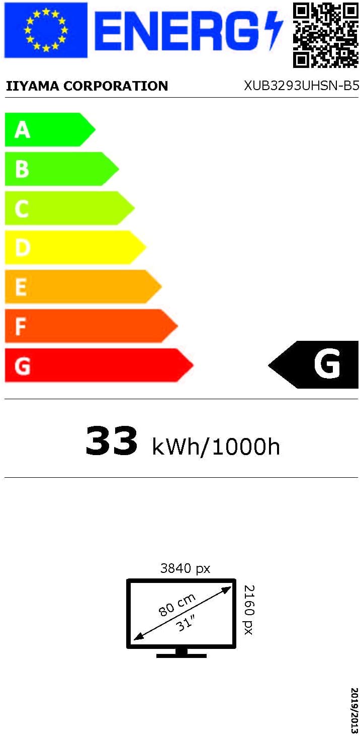 Energy label for iiyama XUB3293UHSN-B5 monitor, showing energy efficiency class G and 33 kWh/1000h consumption.