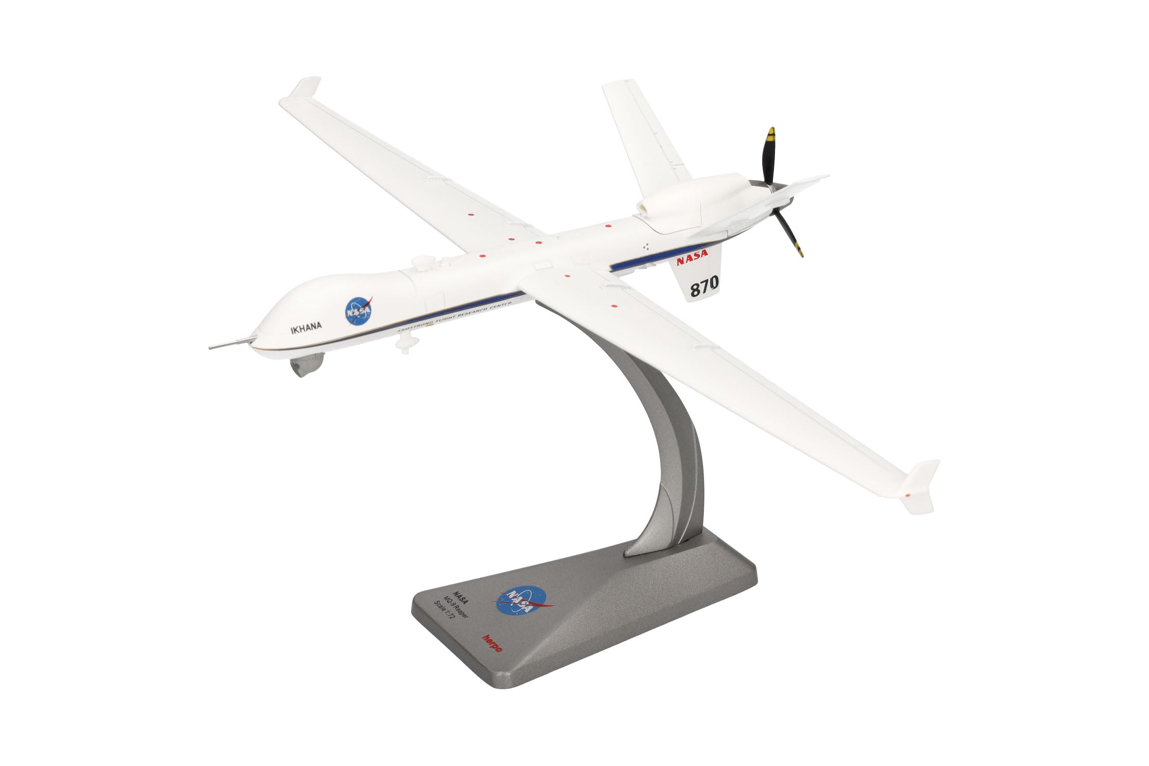 Herpa Modellflugzeug NASA MQ-9A Ikhana, Armstrong Flight Research Center, Edwards Air Base, Miniatur im Maßstab 1:72, Sammlerstück, Modell mit Standfuß, Metall