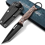 DRGSKL Tanto Fixed Blade Knife - Full Tang Survival Knife for Bushcraft - Camping Knives with Sheath - Black Knives Forged from a Single Piece of D2 Steel - Ideal Gift for Men - Brown