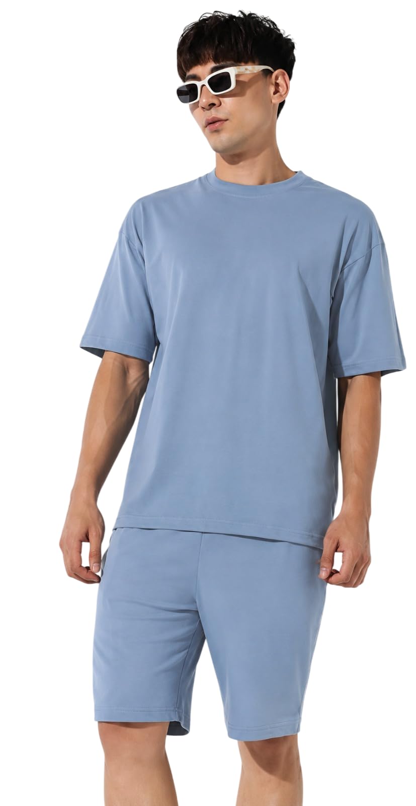 Men's Pure Cotton Solid Co-Ord Set | Comfortable Casual T-Shirt & Shorts/Track Pants Set for Daily Wear (IN, Alpha, L, Regular, Sky Blue)-image-2