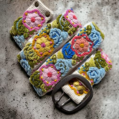 Peruvian Embroidered Belt for Women - Flower Belt, Eternal Bloom/Cream Background2