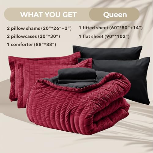 Image of HYMOKEGE Red & Black Queen Comforter Set Seersucker 7 Pieces, All Season Luxury Bed in a Bag for Bedroom, Bedding Set with Comforters, Sheets, Pillowcases & Shams