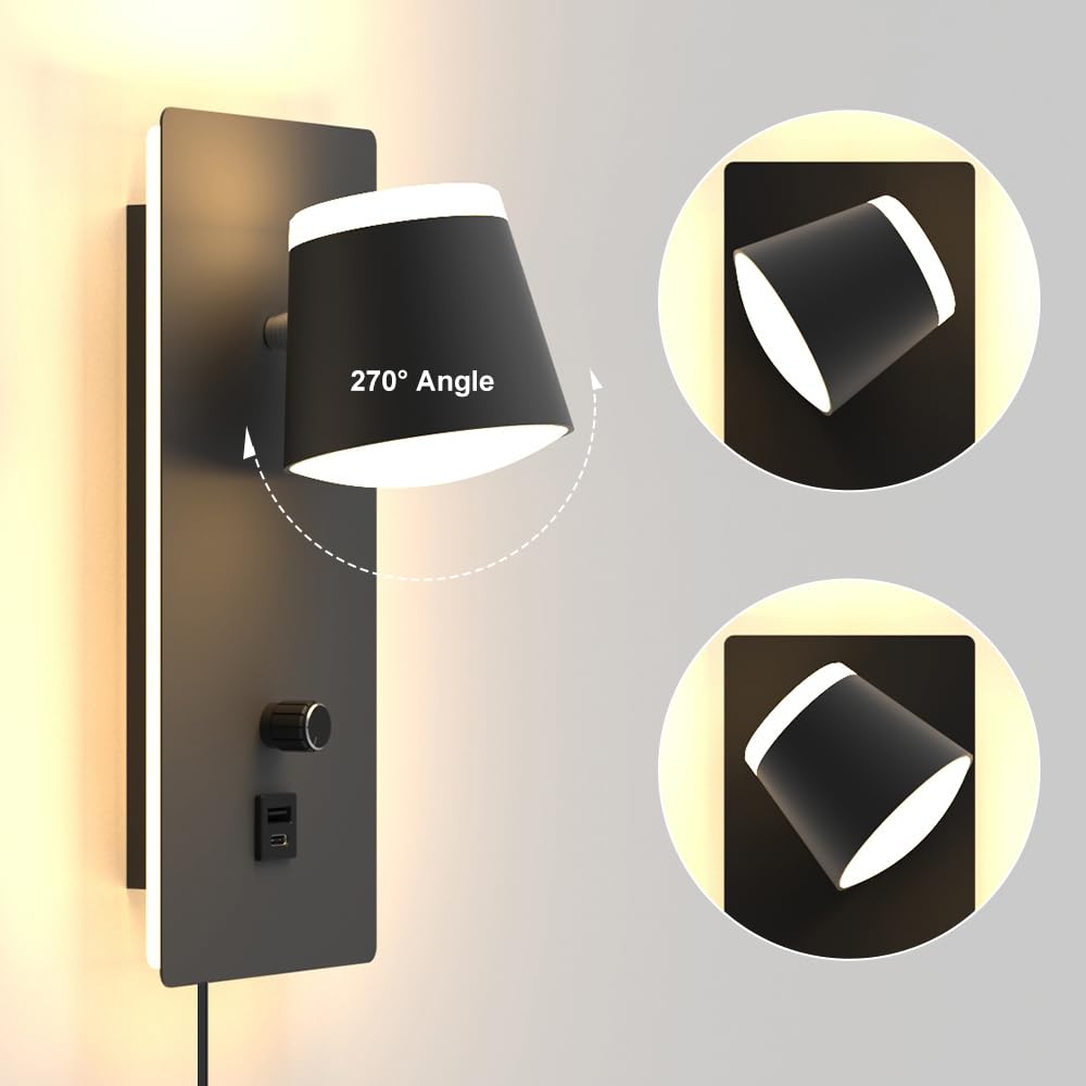 Sytmhoe Lampa ścienna do sypialni z przełącznikiem, wtyczką USB typu C, funkcja ładowania, 25 W, 2000 lm, ściemniana, nocna 3000 K, 6000 K, 4500 K, nowoczesna czarna lampa ścienna do wnętrz z kablem