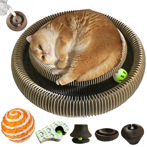 Syeefula Kitten Curl, Kitten Curl Toy, Magical Kitten Curl Cardboard Cat Toy, Cat Accordion Toy, Indoor Interactive Scratch Pad with a Ball, Recyclable And Durable, Retractable, Reversible (Hand)