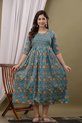Image of Maternity Feeding Kurti for Women | Cotton Blend Anarkali Dress with Nursing Zip for Pre & Post Pregnancy