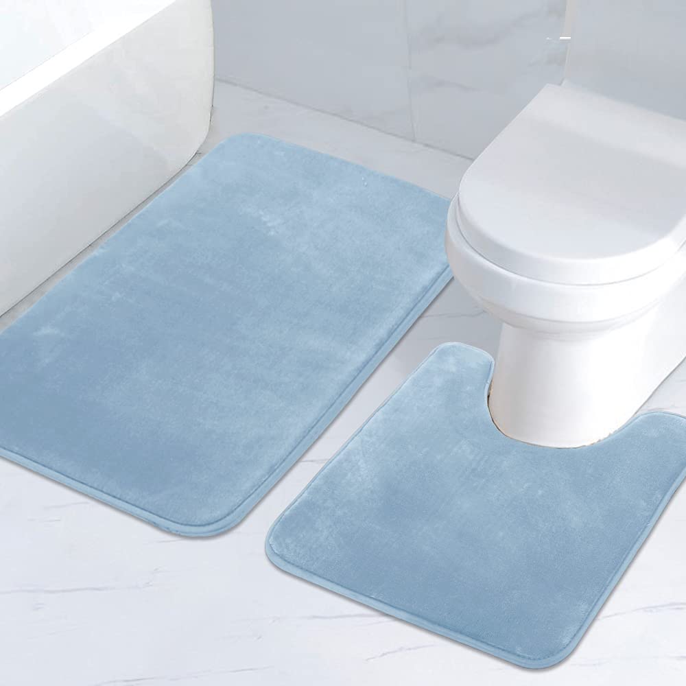 Bath Mat Memory Foam Set Bathroom Rug Set Flannel Velvety Bath Mat Luxury Extra Soft and Absorbent Non Slip Rugs for Bathroom/ Bedroom Washable(Curved Set 24"x 36" Plus 20"x 24"U, Sky Blue)
