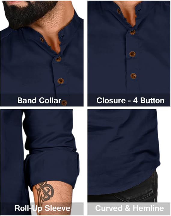 Image of ROYALSCOUT Men Cotton Blend Short Kurta with Mandarin Collar and Button Placket | Full Sleeve Regular Fit Ethnic Wear for Casual and Festive Use