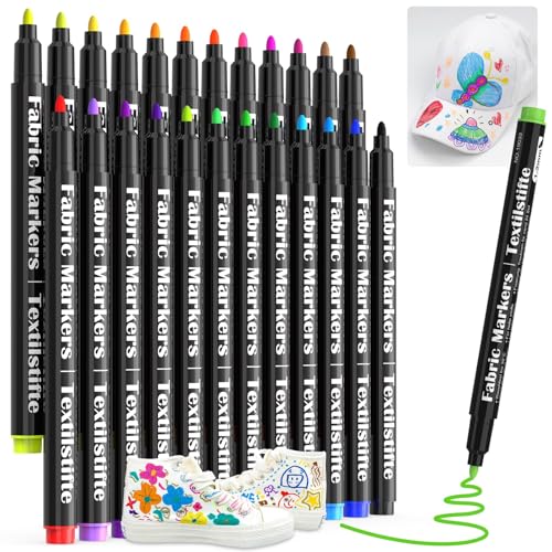 JR.WHITE Fabric Markers Permanent for T Shirts Clothes Onesies Bibs White Pillow Canvas Tote Bags Clothing Textiles - No Bleed - Fine Tip - Safe & Non Toxic Fabric Paint Pens Set of 24 Colors