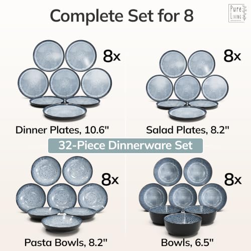Image of 32 Piece Stoneware Dinnerware Set for 8, Handmade Plates and Bowls Set | Reactive Glaze Coating, Dishwasher & Microwave Safe Dish Set, Chip & Scratch Resistant Dishware Set, Ibiza Smoke Blue