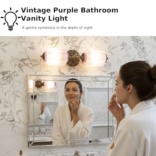 Image of Vintage Milk Glass Sconce - 2-Light Wall Sconce with Brass Finish Base & Green Glass Shade - Wall Sconce Lighting for Mirror, Kitchen, Living Room, Gallery (Bulbs Included) (Purple)