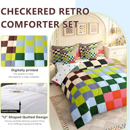 Image of Feelyou Multicolored Checkered Retro 7 Piece Bedding Set Kids Boys Geometric Vintage Comforter Set with Sheets Queen Size Green Red Yellow Colorful Bed in a Bag Modern Groovy Aesthetic Room Decor