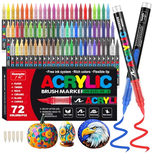 Funnasting 72 Couleurs Feutre Acrylique, Tête de Brosse Douce Marqueur Peinture Acrylique pour Coloriage, Verre, Tissu, Oeuf, Pétroglyphes et Bricolage Arts & Crafts...