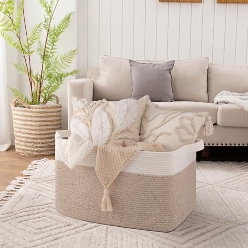 Image of OIAHOMY Extra Large Blanket Basket, 95L Cotton Rope Woven Laundry Basket, Toy Bin for Baby Room, Container for Blanket Storage in Living Room, 24''x17''x14'', Brown & White