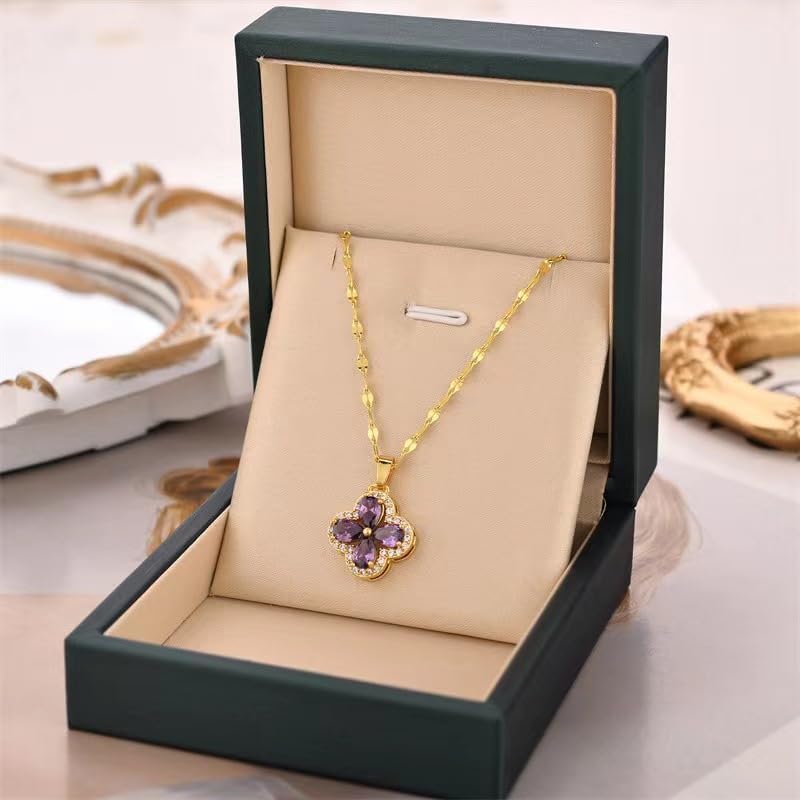18K Gold Plated Purple Flower Pendant Necklace – Dainty Four-Petal Design with Cubic Zirconia Accents, Elegant Chain Jewelry - Image 4