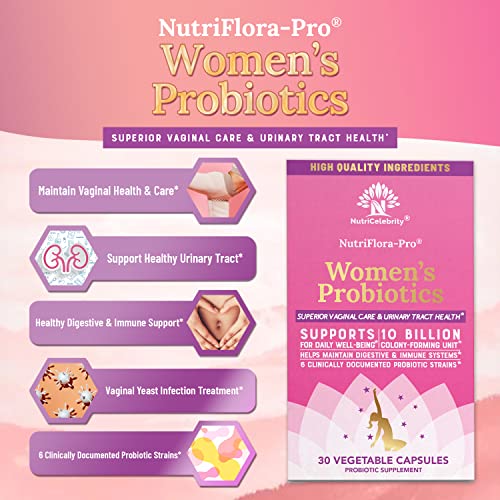 Image of NutriCelebrity NutriFlora-Pro Probiotics for Women - Support Vaginal, Urinary Health (UTI), Digestive System, Period Pain, Yeast, and BV Relief, Cranberry Pills, 10 Billion CFU 6 Strains (30 Caps)