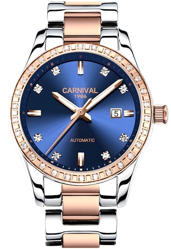 Image of Women's Diamond Automatic Mechanical Rose Gold Stainless Steel Sapphire Waterproof Lady's Elegant Blue Watch